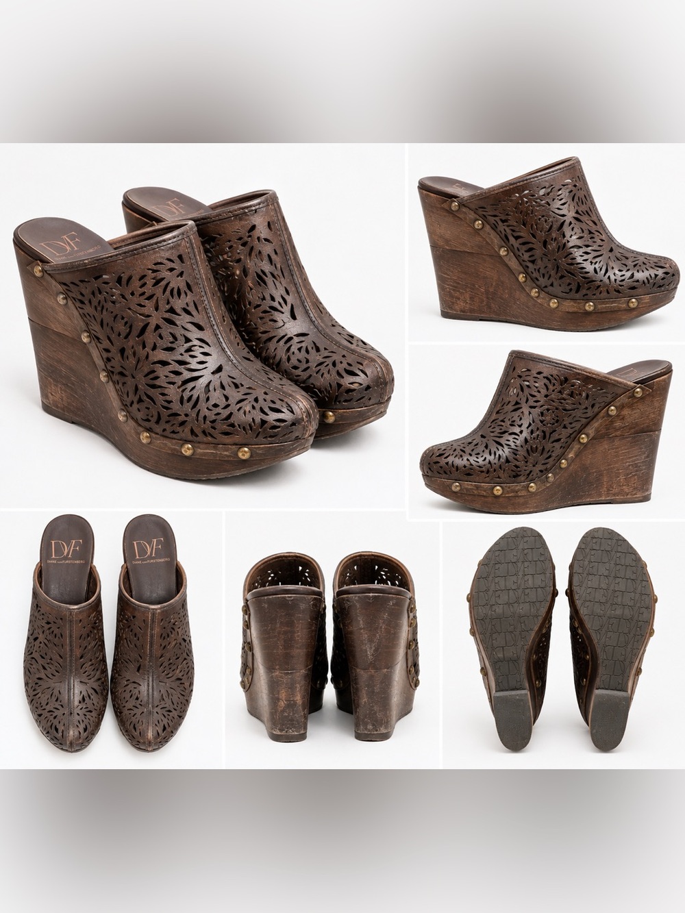 DVF Ode Brown Leather Laser Cut Platform Wedge Clogs 39 US 8
